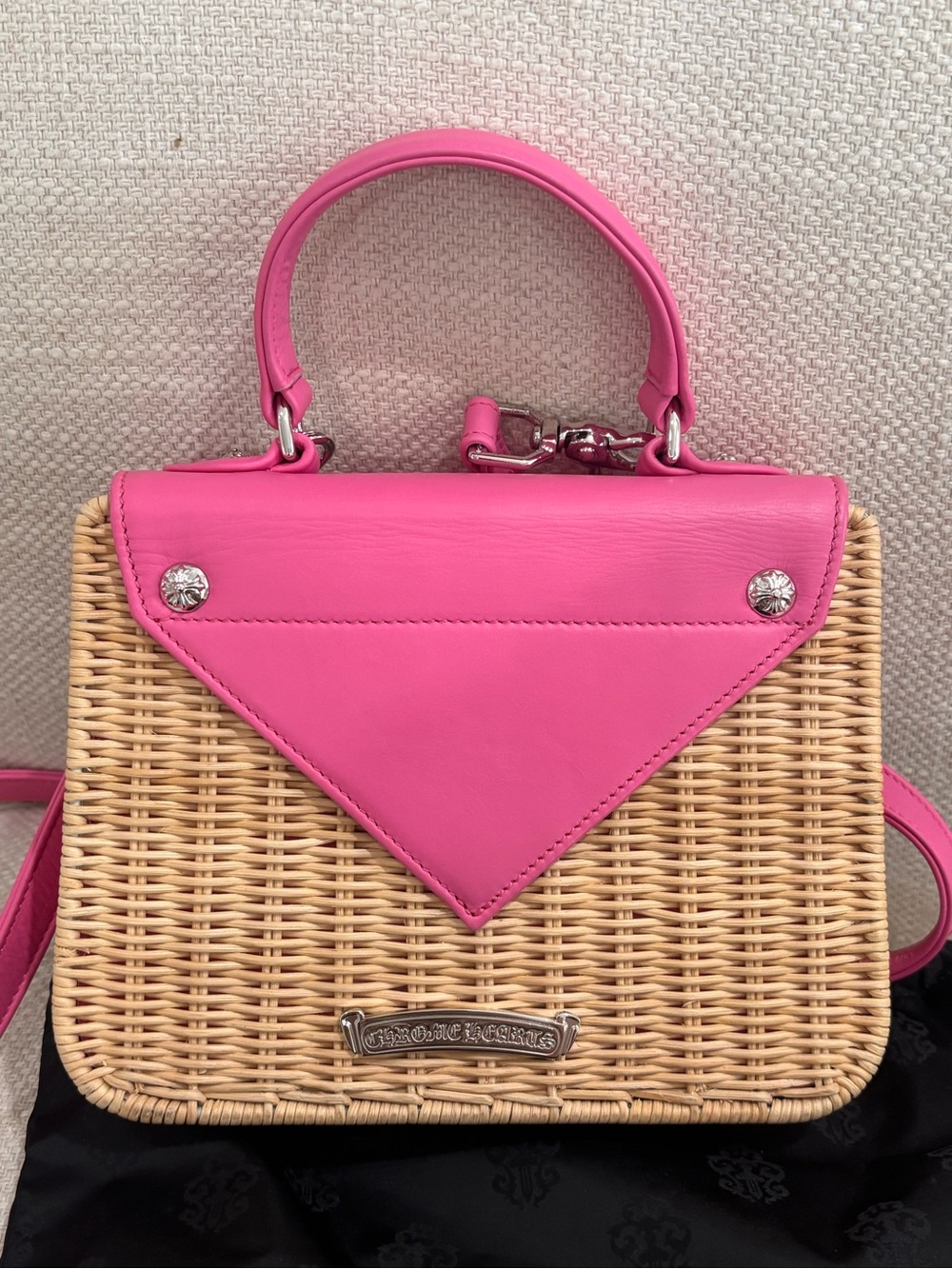 Authentic CHROME HEARTS pink leather woven wicker mini basket 2way bag - Picture 2 of 15